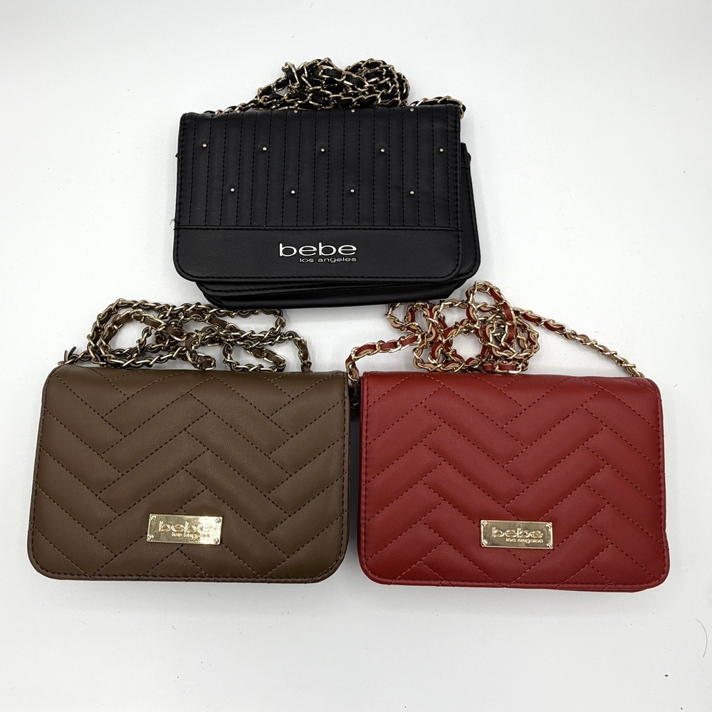 3 Bebe Los Angeles Quilted Crossbody Bag Black Brown Red Studded Chevron Purse